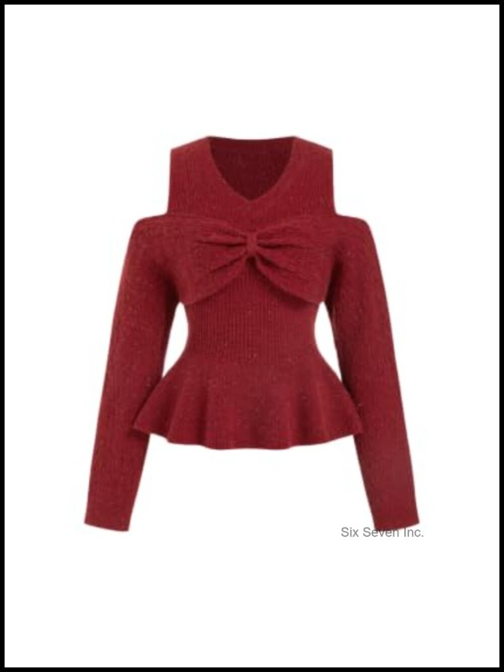 V Neck Bow Peplum Sweater Cold Shoulder Ribbed Knit Top